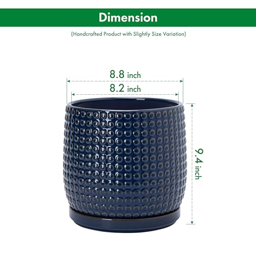 Beaded Ceramic Pot with Saucer (8.8 Inch / Midnight Blue)