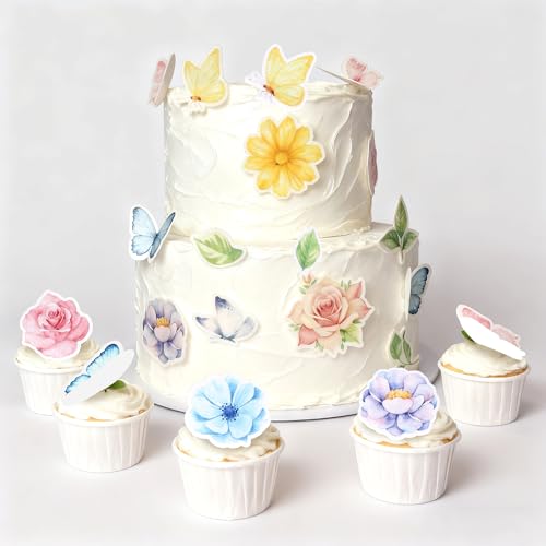 65 PCS Edible Flowers Cupcake Toppers Wafer Paper Daisy Green Leaves Rose Flower Cupcake Picks Edible Flowers Cake Decorations for Baby Shower Wedding Birthday Party Cake Decorations Supplies (Pattern 1)