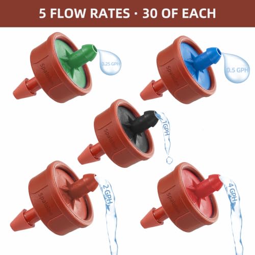150PCS Mixed GPH Pressure Compensating Drip Irrigation Spot Watering Drippers (0.25/0.5/1/2/4 GPH / Mixed 150PCS)
