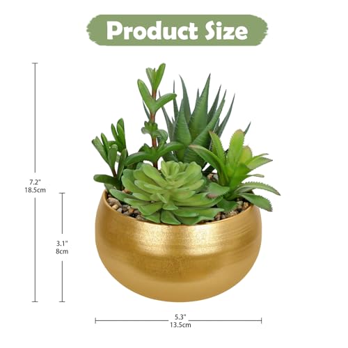 Fake Plants Artificial Succulents in Pots Faux Succulent Arrangement Potted Plant with Gold Ceramic Planter Bowl for Home Decor Office Desk Bathroom Shelf Living Room Indoor Decorations (Matte Gold)