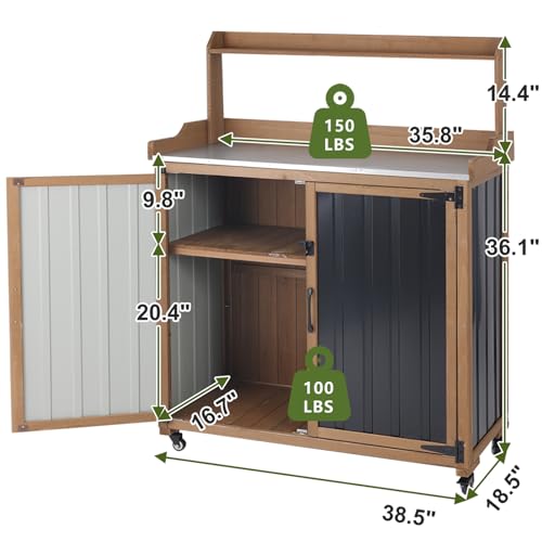 Rolling Potting Bench with Storage and Galvanized Metal Top (Black / 37" x 18" x 47")