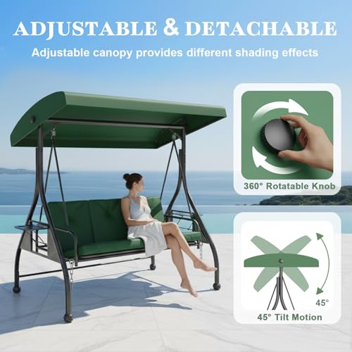 3 Seat Patio Porch Swing with Adjustable Canopy and Stand (Green / with cup holder)
