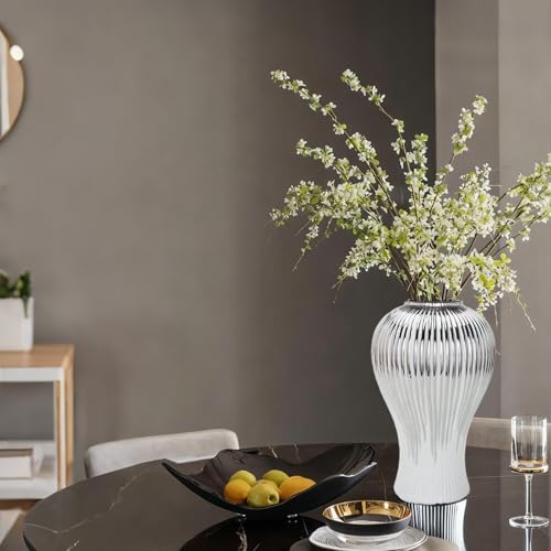 Ginger Jar White Gold Ceramic Vase Large Handmade Porcelain Vases with Lid (B-Silver-Medium)