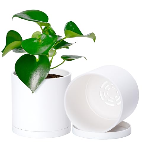 2 Pack White Plastic Planters with Saucers (5")