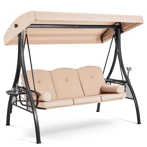 3 Seat Porch Swing with Adjustable Canopy (Khaki)