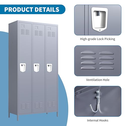 3 Doors Metal Lockers for Employees 71" H Storage Cabinet Lockable Locker with Shelves Steel Storage Locker for Gym School Office Home Requires Assembly (3 doors-72" / Grey)