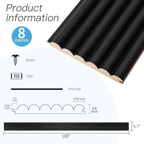 108 x 5.7 Inch Fluted Wood Wall Paneling for Home Decor (8Pcs-108 x 5.7 Inch / Beaded Black)