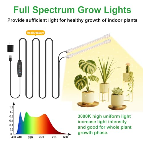 2 Heads 3000K Full Spectrum Plant Strips for Succulent Seedling Growing Automatic Cycle Timer (Black Cabel 3000K / 2 Head 1 Pack)