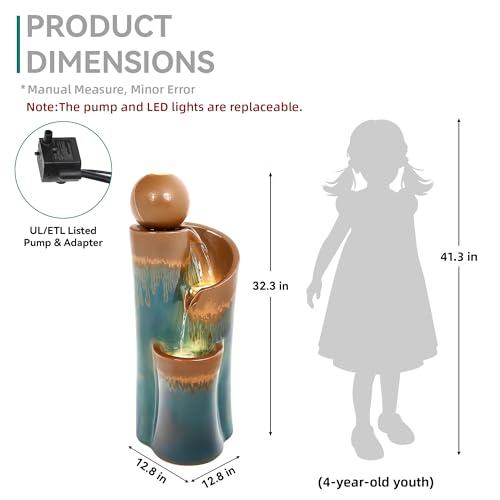 32" Ceramic Outdoor Water Fountain w (Teal & Copper Drip Glaze 32"h-sphere)