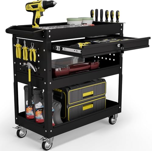 3 Tier Tool Cart on Wheels with Drawers (Black)