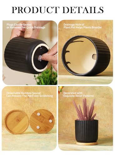 4 Inch Ceramic Plant Pots (Stripe Pure Black)