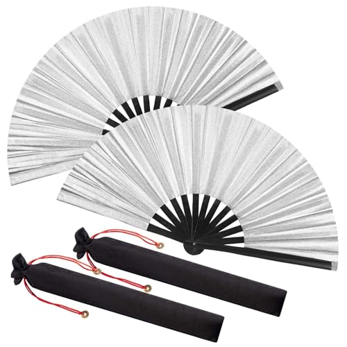 2 Packs Large Folding Hand Fans (Glitter Silver)