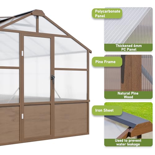 8x14 FT Wooden Walk in Polycarbonate Greenhouse for Outdoors (Brown / 8x14 FT)