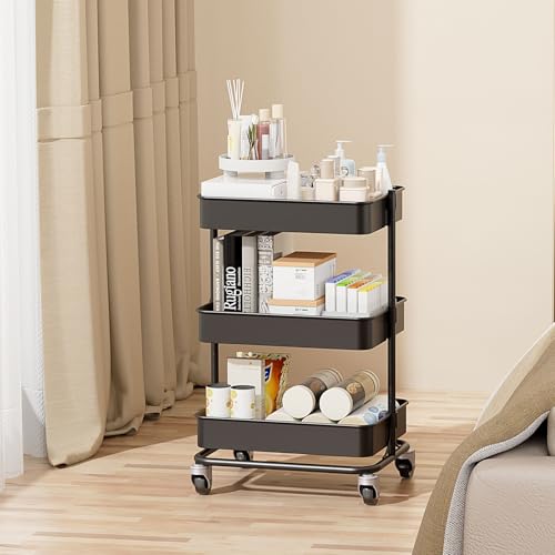 3 Tier Modern Metal Rolling Tool Cart with Silent Casters (Black / 15.35×11.81×23.74 inch)