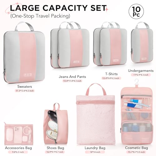 10 Pack Compression Packing Cubes for Travel Essentials (Pink)