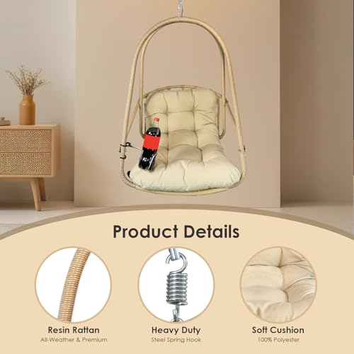 Swing Egg Chair with Stand Foldable Wicker Frame UV Resistant Waterproof Cushion Hanging Chairs with Cup Holder 350lbs Capacity Swing Hammock Chairs for Patio Bedroom Indoor Outside (Beige)
