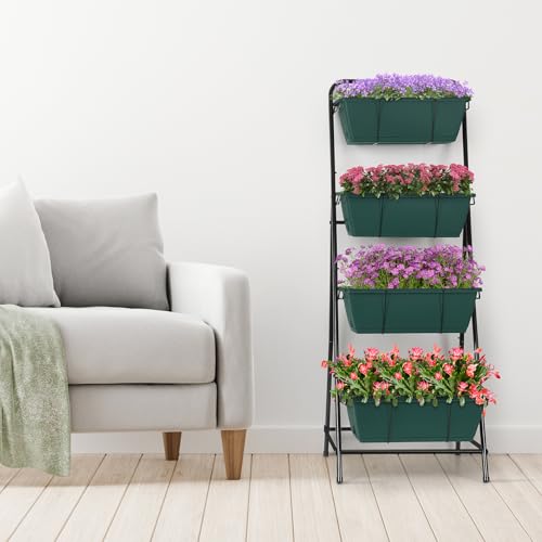 Vertical Raised Garden Bed 4 Tier Garden Planter for Outdoor Plants Standing Garden Planters with Drainage Holes Removable Tray for Herbs Flowers Vegetables Plants (Green)