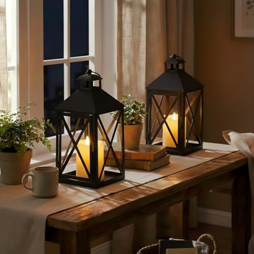 Christmas Lanterns 2 Pack 12'' Black Metal with Candle Holiday Decor