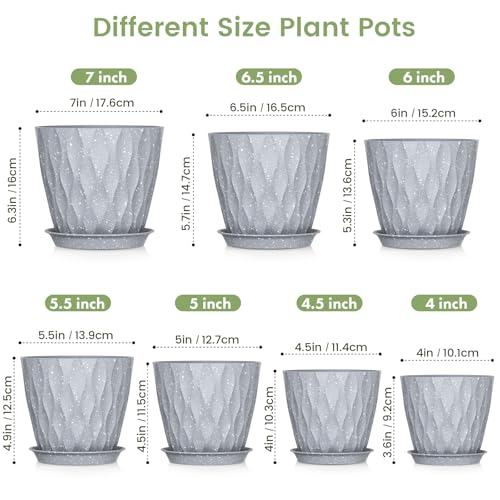 7/6.5/6/5.5/5/4.5/4 inch Plant Pots for Indoor Outdoor Plants, 7 Pack Thick Flower Pots with Drainage Holes and Saucers, Modern Wave Texture Plastic Planters Nursery Pots, Speckled Grey (Grey With White Speckles / 7+6.5+6+5.5+5+4.5+4 inch 7 pieces)