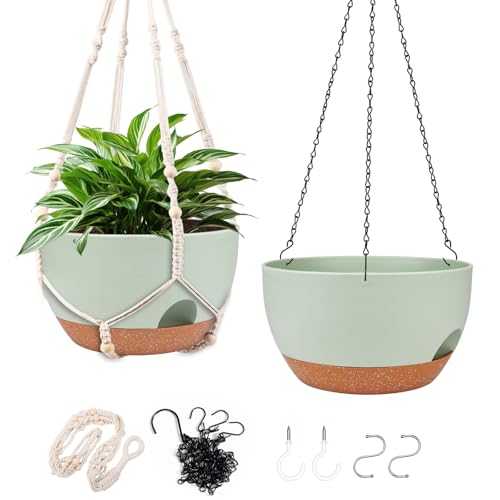 2 Pack 12 Inch Self Watering Hanging Planters for Indoor Outdoor Plants (2 Type Plant Hangers Green / 12 Inch)