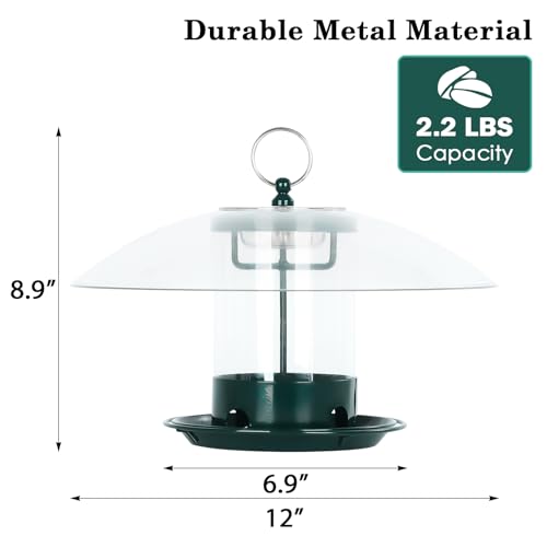 Metal Bird Feeder for Outdoor Hanging with 12” Weatherproof Dome (Green with Transparent Dome)