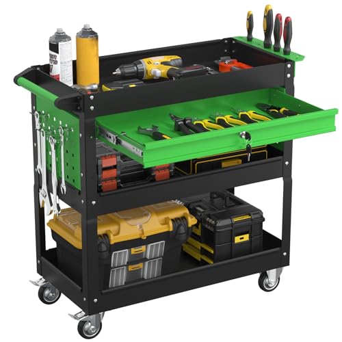 3 Tier Heavy Duty Rolling Tool Cart with Drawers (Black&green)