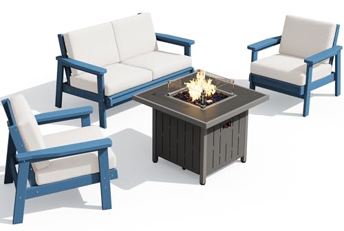HDPE Patio Furniture Set with 33” Square Fire Pit Table (Blue/Khaki)