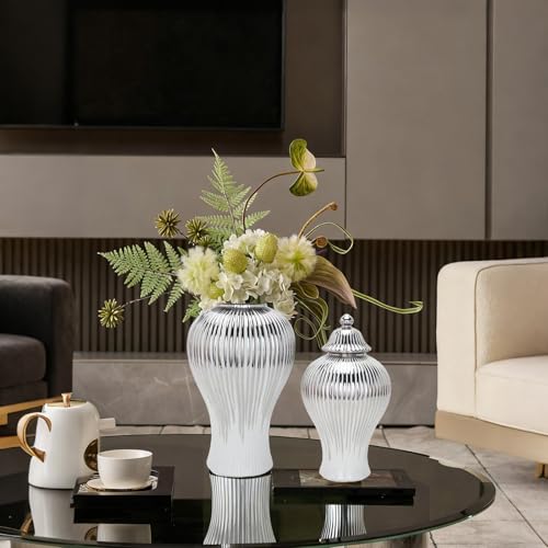 Ginger Jar White Gold Ceramic Vase Large Handmade Porcelain Vases with Lid (B-Silver-Large)