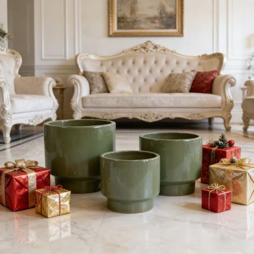 Ceramic Plant Pots Set of 3 Size (Earthy Green)