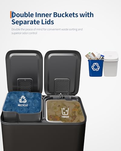 2 x 8 gal Stainless Steel Double Trash Can with Lid for Kitchen (Matte Black / 2 x 8 gallon)