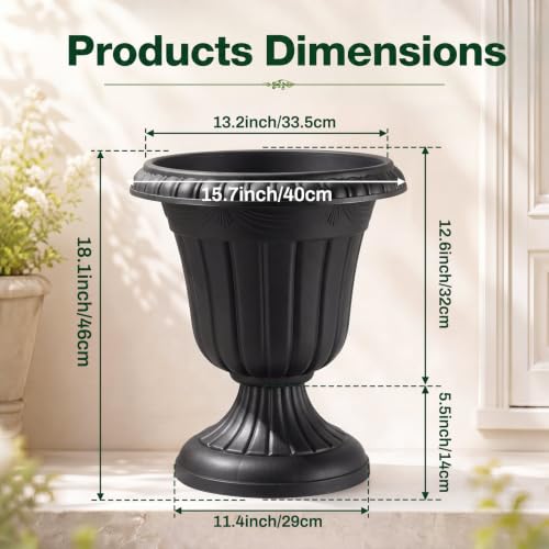 4 Pcs 16 x 18 Inches Black Plastic Urn Planter Classic Flower Pots Front Porch Planters Indoor Outdoor Planters with Pedestal for Wedding Party Bridal Shower Garden Patio Porch (16 x 18 Inches / Black)