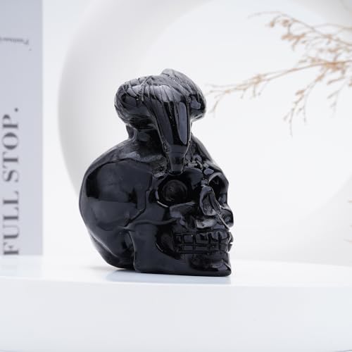 Natural Black Obsidian Crystal Skull and Crow Head Hand Carved Reiki Healing Stone Statue Healing Home Office Art Room Decoration (Obsidian / 3inch)