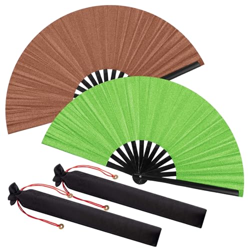2 Packs Large Folding Hand Fans (Glitter Green and Brown)
