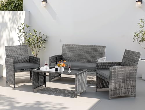 4 Piece Patio Ratten Set Outdoor Furniture Set Wicker Conversation Set with Cushions and Tempered Glass Tabletop (Grey)
