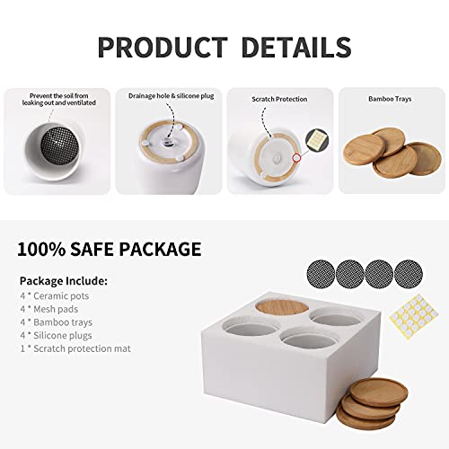 4 Inch Ceramic Plant Pots with Drainage Holes and Trays (White)