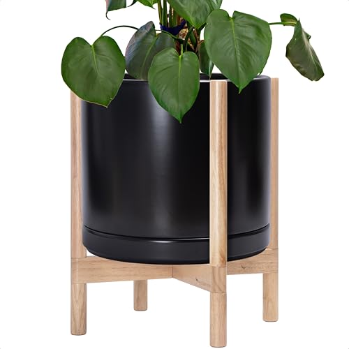 Ceramic Pot with Natural Wood Stand (14 Inch / Black Pot + Natural Stand)
