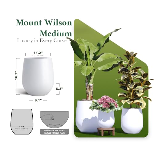 Premium Mt Wilson Tall Tapered Fiberstone Planter for Indoor Outdoor Use (White / 15'' D x 16.7'' H)