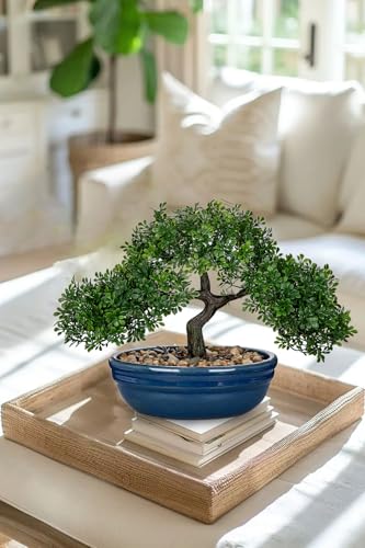 Artificial Bonsai Tree Faux Plants Indoor Fake Plants Decor with Blue Ceramic Pots for Home Table Office Desk Bathroom Shelf Bedroom Living Room Farmhouse Decor (Blue Glazed)