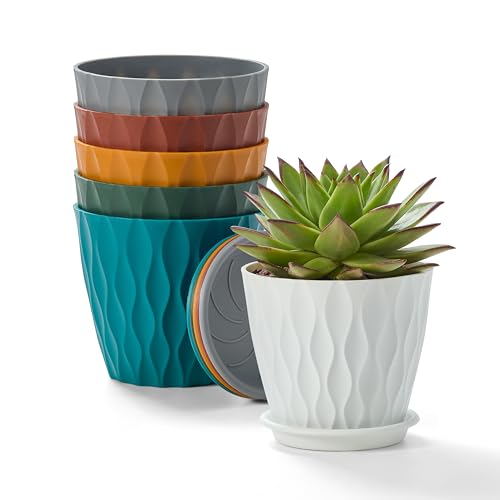 6-Pack 6-Inch Plastic Plant Pots with Saucers | Thickened PP Material, Modern Wave Texture, Enhanced Drainage for Indoor/Outdoor Garden Plants | Multicolor Value Set (Multicolor)