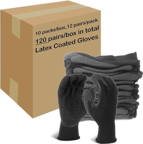 Crinkle Latex Rubber Hand Coated Safety Work Gloves for Men Women General Multi Use Construction Warehouse Gardening Assembly Landscaping (Small / Black-120 Pairs)