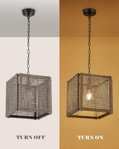 Farmhouse Rattan Chandelier 12" Handwoven Pendant Light Fixtures with Gray Square Solid Wood Frame (12” / Gray)