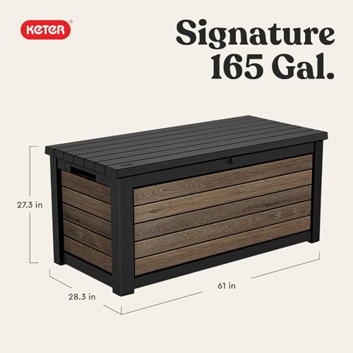 Signature Collection 165 Gallon Resin Deck Box Organization and Storage Box for Patio Outdoor Cushions (Walnut / 165 Gallon)