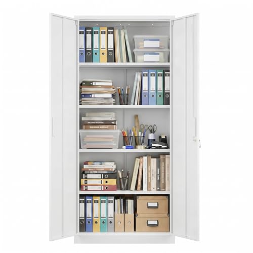 71 Inch Lockable Metal Storage Cabinet (White / 15.75"D x 31.50"W x 70.87"H)