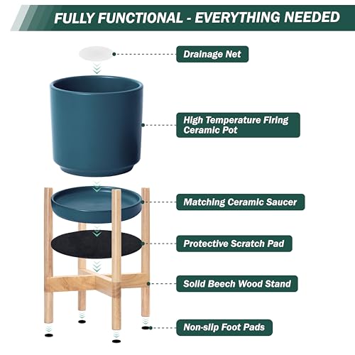 Ceramic Pot with Natural Wood Stand (14 Inch / Teal Pot + Natural Stand)