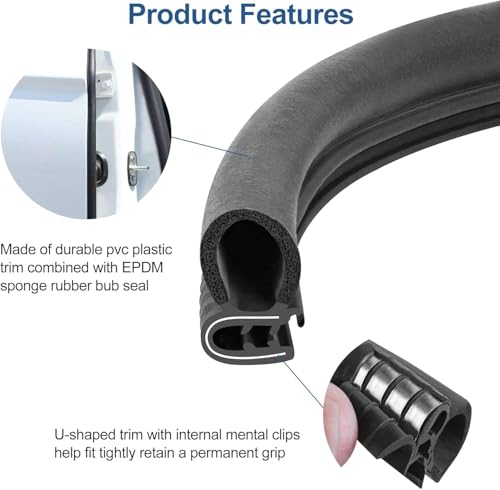 Automotive Door Weather Stripping 70Ft Car Door Rubber Edge Trim Seal Strip Gasket with Side Bulb for Car Bus Camper Boat RV Truck Doors (70Ft)