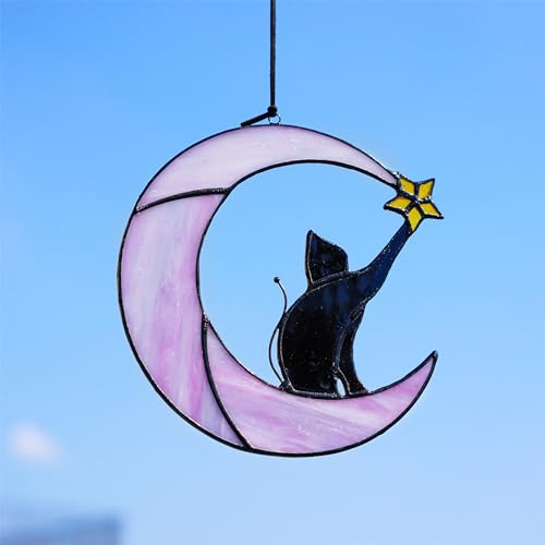 6.5'' Stained Glass Window Hanging Suncatcher (Black Cat With Moon)