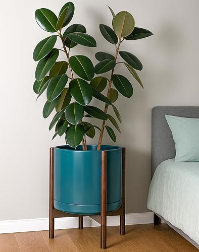 Ceramic Pot with Walnut Wood Stand (14 Inch / Teal Pot + Walnut Color Stand)