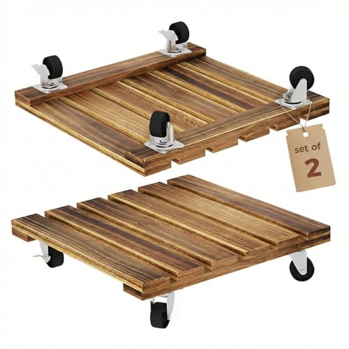 Plant Caddy 12 Inch Wood Dolly with Wheels 2 Pack (Brown / 12inch-Square-2 pack)