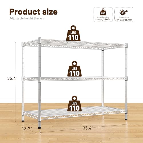 Heavy Duty 3 Tier Metal Shelving Unit (Chrome-35.6"Wx14"Dx36"H)