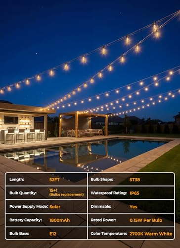 52FT Solar String Lights Outdoor Waterproof (52FT(15 Sockets))